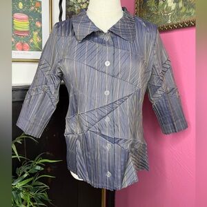 Babette Women’s Crinkle Striped Print Button-Down Blouse Gray Sz S